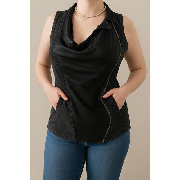 HELMUT LANG Asymmetric Cowl Top Lamb Leather Denim Vest Size Small S BIKER - Picture 1 of 6